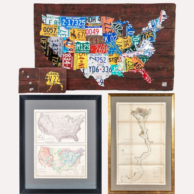 Three variations of maps including a license plate map of the US, the Potomac River, and an 1876 climate map of the US.